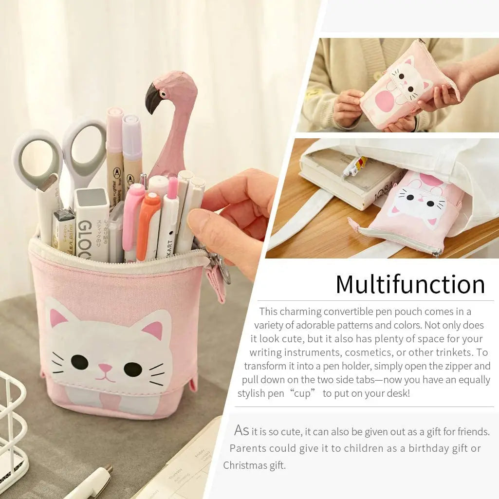 Kawaii Standing Pencil Case Cute Telescopic Pen Holder Stationery Organizer Pouch Pen Bag for School Students Boys Girls