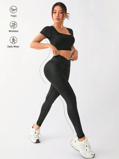 Daily&Casual Women'S Sportswear Set for Yoga, Running, Exercise, Outdoors Featuring Square Neck, Short Sleeve Top & V-Waist Leggings