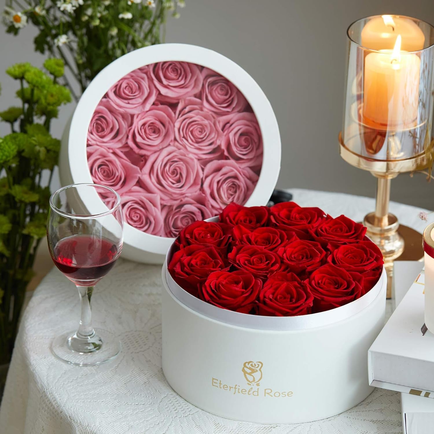 12 Preserved Rose in a Box Real Roses That Last a Year Preserved Flowers for Delivery Prime Gift for Her Valentines Day Mother Day (Red Roses, round White PU Leather Box)