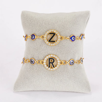 26 Alphabet Letter Rhinestone Charm Adjustable Bracelet Evil Eye Beads Chain Bracelets for Women Party Wedding Jewelry