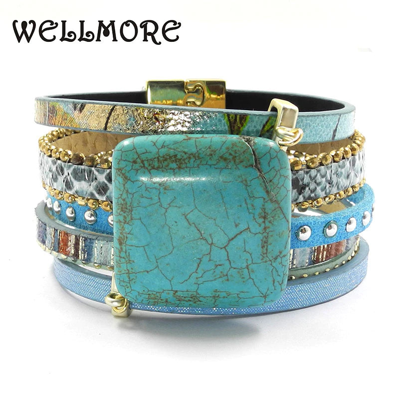 Blue Leather Bracelet Stone Charm Bracelets Magnet Buckle Bohemian Bracelets Boho Bracelets & Bangles B161001